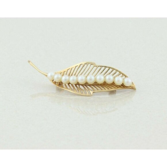 14k Yellow Gold Pearl Leaf Pin Brooch - Picture 1 of 8